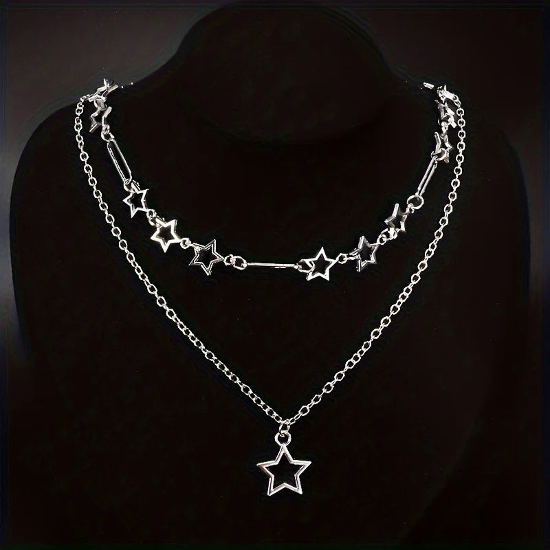 Personalized Punk Style Hollowed Out Stars Chain Double Layer Necklace Ladies Y2k Fashion Trend Holiday Party Accessories Gifts