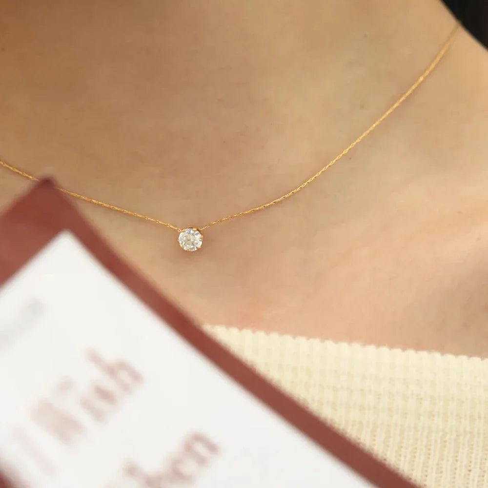 Stainless Steel Gold Plated Dainty Minimalist Zircon Charm Anti Tarnish Chain Round Clear Cz Stone Necklace for Women Jewelry