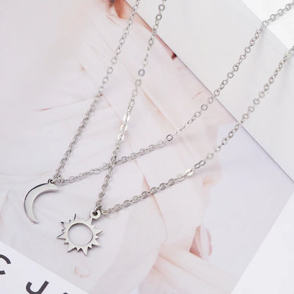 Conjunto de 2 peças de colar de sol e lua em aço inoxidável prateado para melhores amigos, joias de amizade e presentes