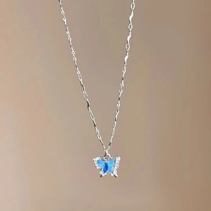 LATS Romantic Blue Crystal Butterfly Necklace for Women Girls Simple Shiny Zircon Bilayer Choker Clavicle Chain New Fine Jewelry