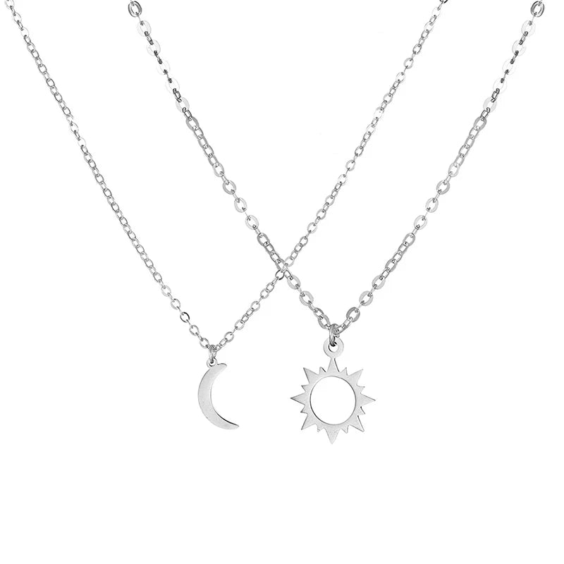 Conjunto de 2 peças de colar de sol e lua em aço inoxidável prateado para melhores amigos, joias de amizade e presentes