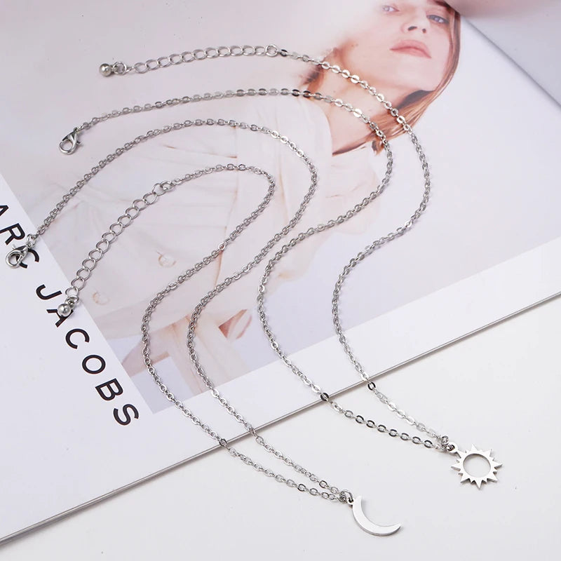 Conjunto de 2 peças de colar de sol e lua em aço inoxidável prateado para melhores amigos, joias de amizade e presentes