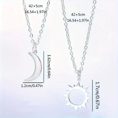 Conjunto de 2 peças de colar de sol e lua em aço inoxidável prateado para melhores amigos, joias de amizade e presentes